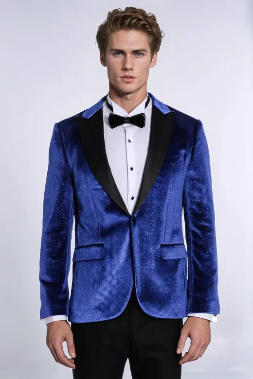 Simli Slim Fit Kadife İndigo Mavi Erkek Smokin Ceket - Wessi