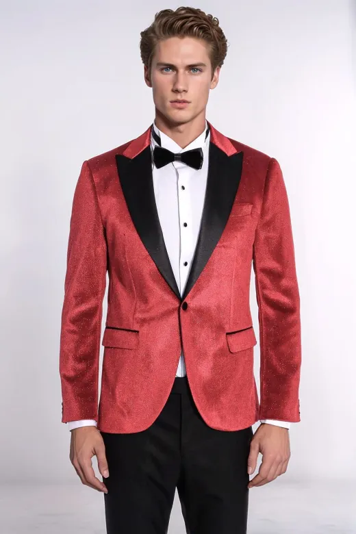 Simli Slim Fit Kadife Kırmızı Erkek Smokin Ceket - Wessi