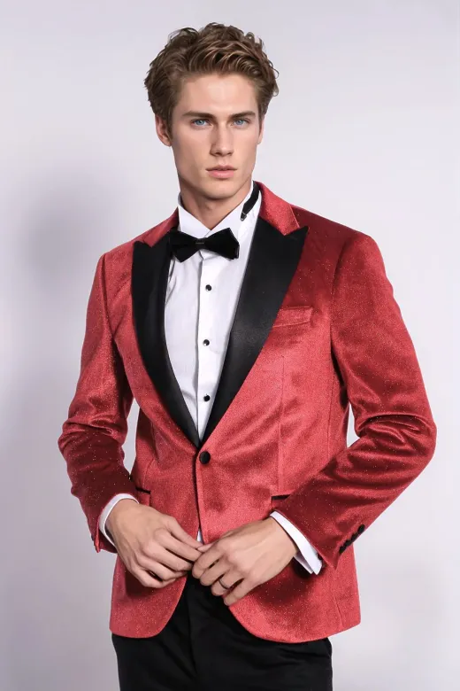 Simli Slim Fit Kadife Kırmızı Erkek Smokin Ceket - Wessi