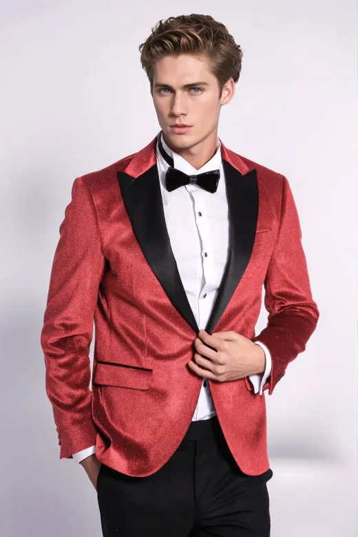 Simli Slim Fit Kadife Kırmızı Erkek Smokin Ceket - Wessi