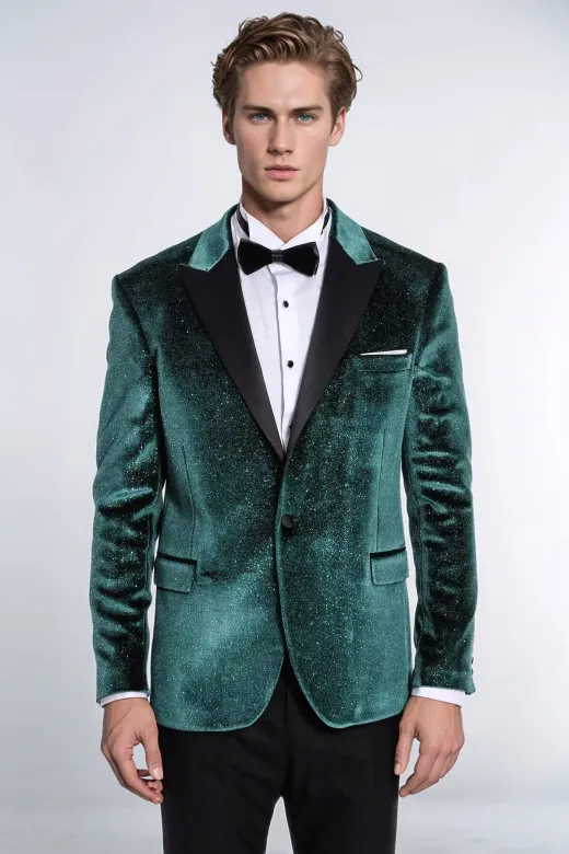 Simli Slim Fit Kadife Yeşil Erkek Smokin Ceket - Wessi