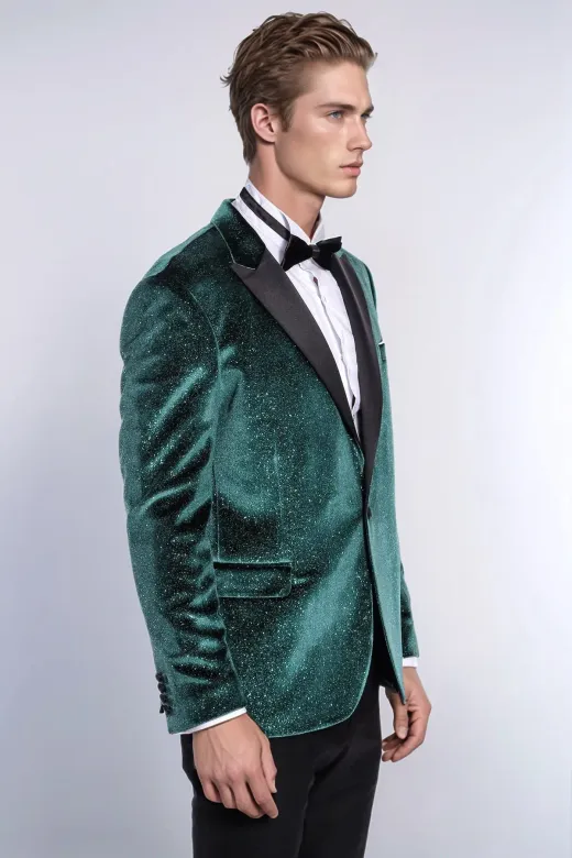 Simli Slim Fit Kadife Yeşil Erkek Smokin Ceket - Wessi