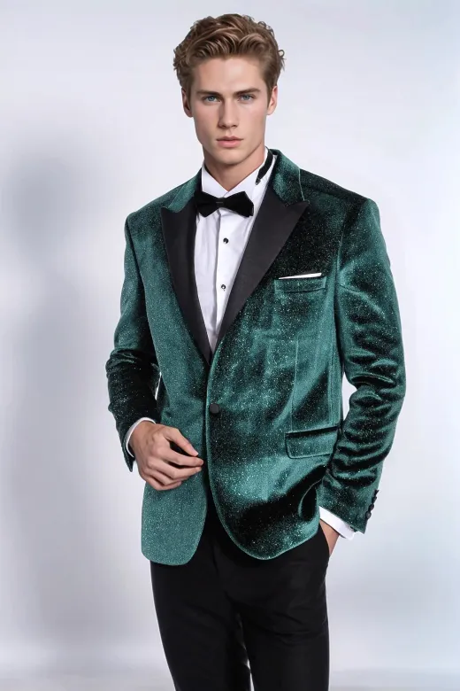 Simli Slim Fit Kadife Yeşil Erkek Smokin Ceket - Wessi