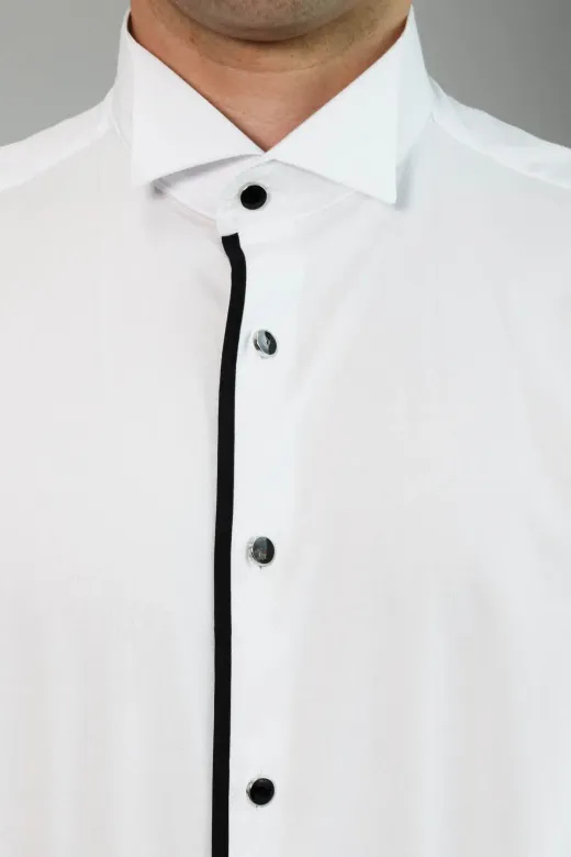 Siyah Çizgi Detay Beyaz Erkek Ata Yaka Gömlek - Wessi - XL / White