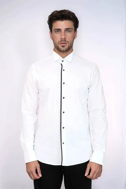 Siyah Çizgi Detay Beyaz Erkek Ata Yaka Gömlek - Wessi - XL / White