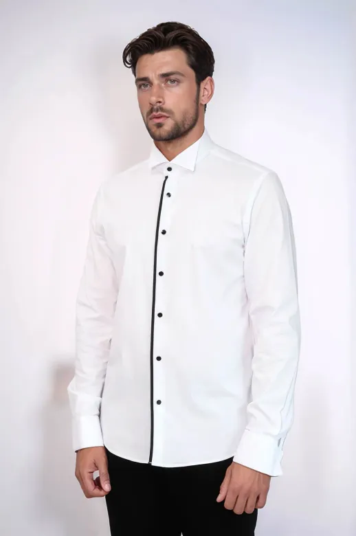 Siyah Çizgi Detay Beyaz Erkek Ata Yaka Gömlek - Wessi - XL / White