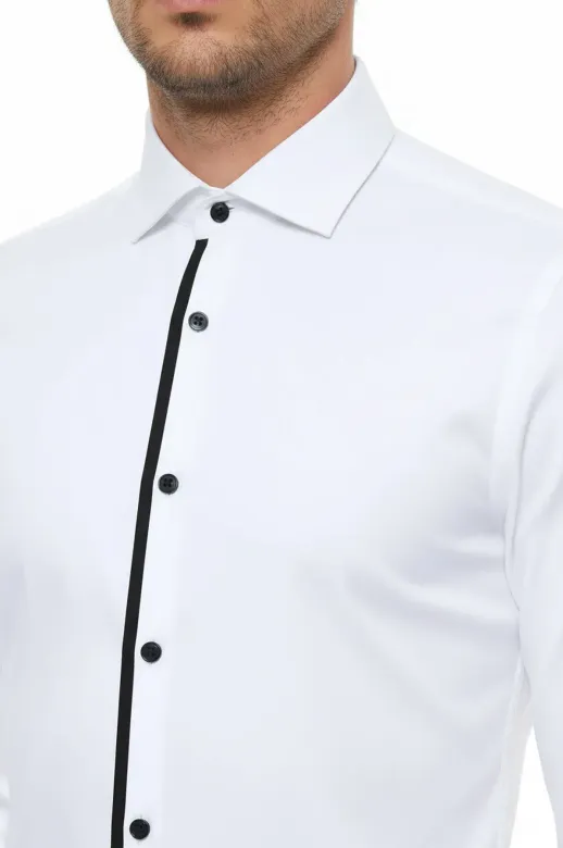 Siyah Düğmeli Uzun Kollu Beyaz Erkek Smokin Gömlek - Wessi - XL / White