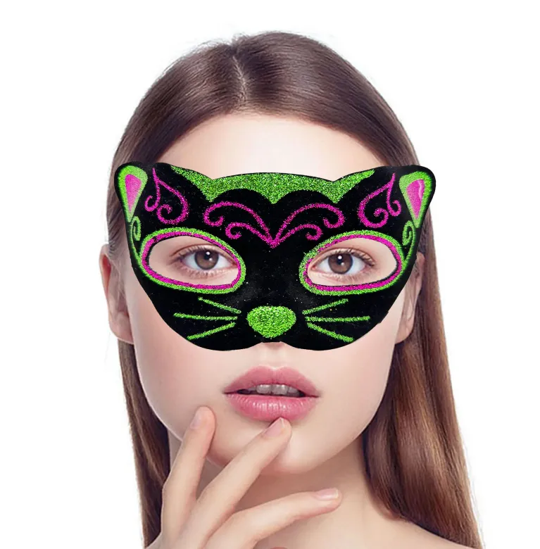 Siyah Kadife Kaplama Üzeri Pembe Yeşil Sim İşlemeli Kedi Maskesi 20x13 cm (4745)