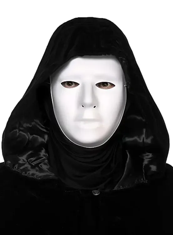 Siyah Kapüşonlu 120 cm Pelerin ve Beyaz Boyanabilir Tam Yüz Maske (4745)
