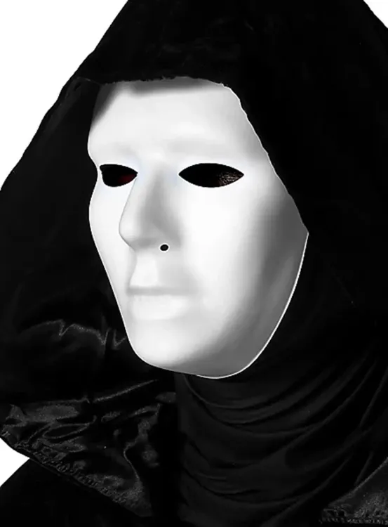 Siyah Kapüşonlu 120 cm Pelerin ve Beyaz Boyanabilir Tam Yüz Maske (4745)