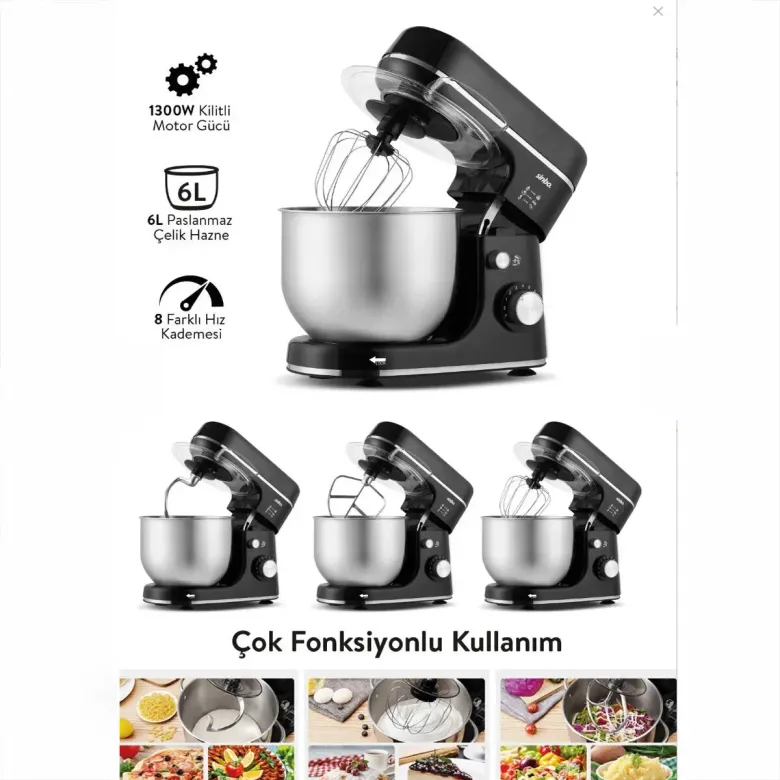 SİYAH STANDLI MİKSER ÇIRPICI - HAMUR YOĞURUCU - KARIŞTIRICI 8 KADEME HIZ AYAR 6L ÇELİK HAZNE 1300W SMX-2769 (4745)