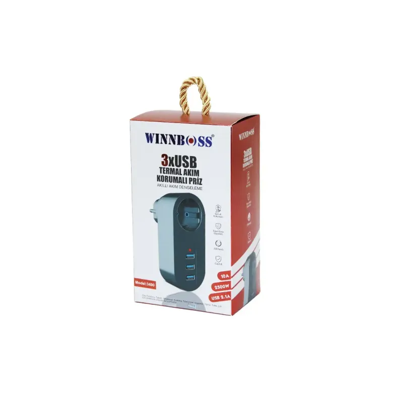 SİYAH TERMAL AKIM KORUMALI  1XPRİZ 3XUSB DUVAR TİPİ PRİZ 10A - 2500W (4745)