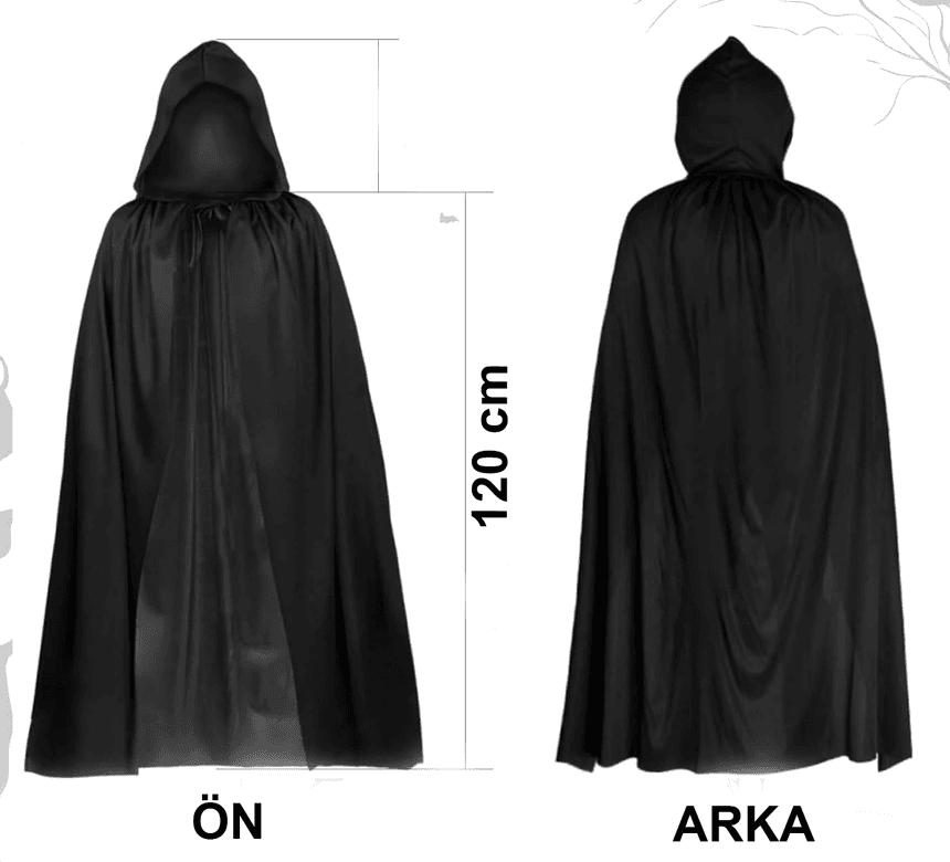 Siyah Uzun Pelerin 120 Cm Kapüşonlu – Cosplay Ve Parti Kostümü
