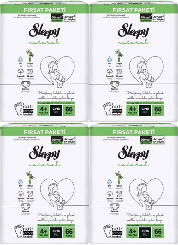 Sleepy Bebek Bezi Naturel 4+ Beden 9-16 KG Maxi Plus 264 Adet Avantaj Fırsat Pk