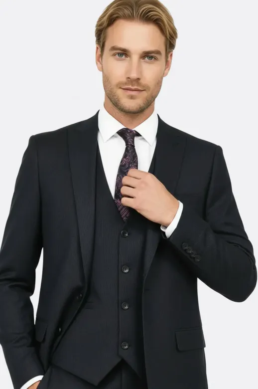 Slim Fit Desenli Lacivert Erkek Takım Elbise - Wessi