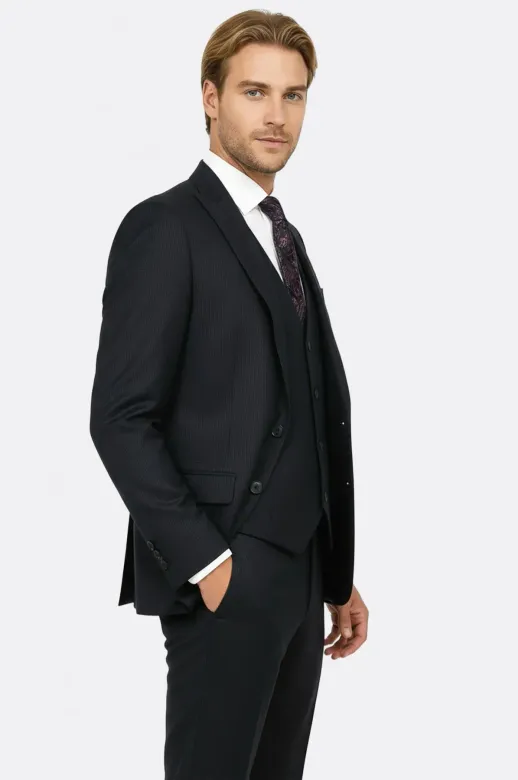 Slim Fit Desenli Lacivert Erkek Takım Elbise - Wessi