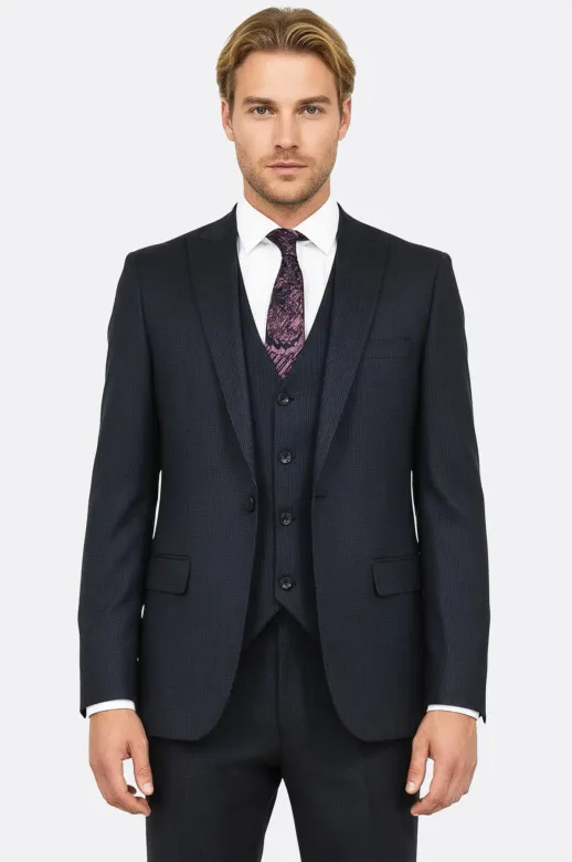 Slim Fit Desenli Lacivert Erkek Takım Elbise - Wessi