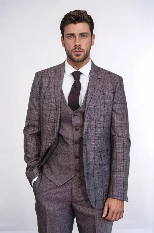 Slim Fit Ekose Bordo Erkek Takım Elbise - Wessi