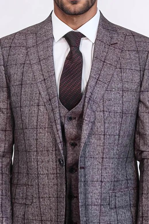 Slim Fit Ekose Bordo Erkek Takım Elbise - Wessi