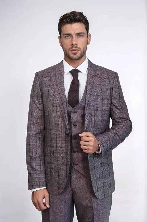 Slim Fit Ekose Bordo Erkek Takım Elbise - Wessi
