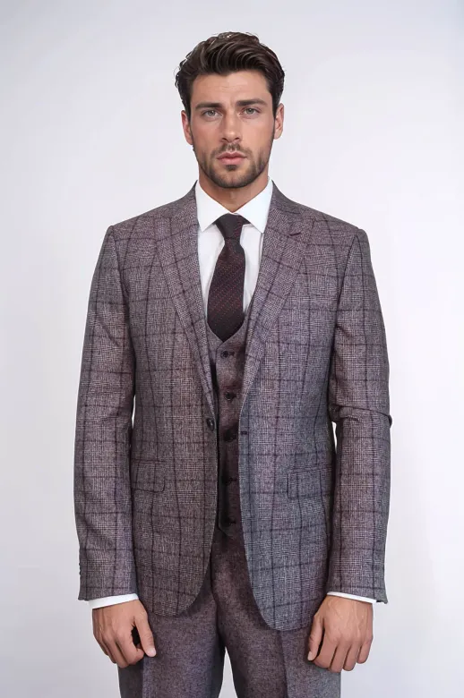 Slim Fit Ekose Bordo Erkek Takım Elbise - Wessi