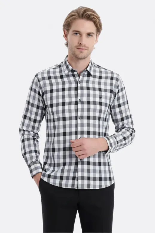 Slim Fit Kareli Desenli Gri Gömlek - Wessi - M / Grey