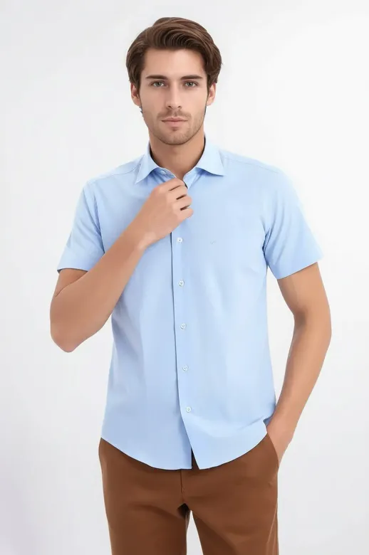 Slim Fit Kısa Kollu Terikoton Mavi Erkek Gömlek - Wessi - M / Mavi