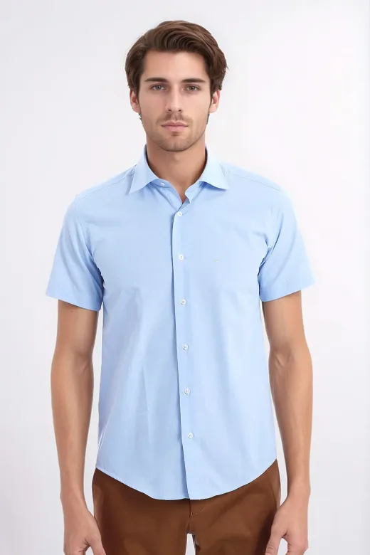 Slim Fit Kısa Kollu Terikoton Mavi Erkek Gömlek - Wessi - M / Mavi