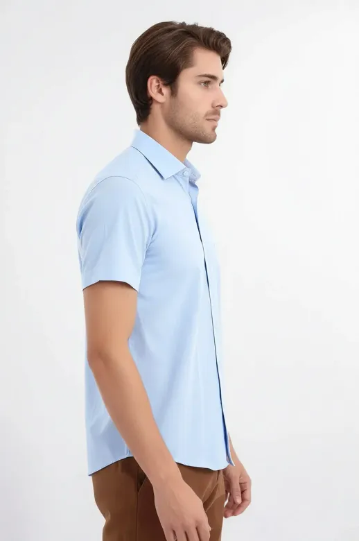 Slim Fit Kısa Kollu Terikoton Mavi Erkek Gömlek - Wessi - S / Mavi