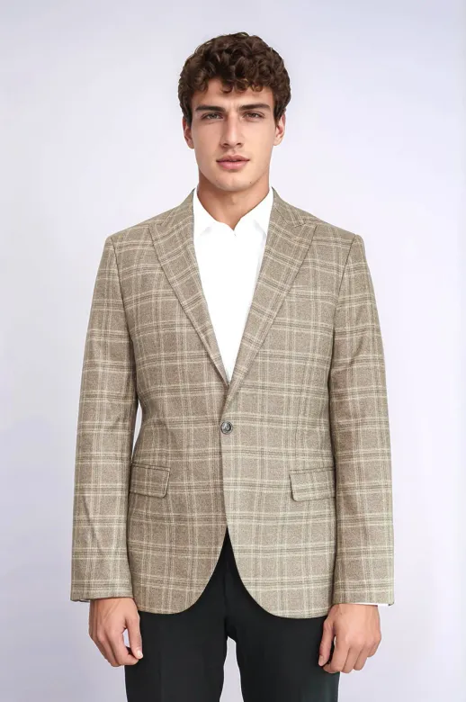 Slim Fit Sivri Yaka Ekose Taba Erkek Ceket - Wessi