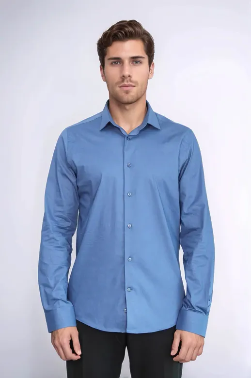 Slim Fit Uzun Kollu Lacivert Erkek Gömlek - Wessi - S / Mavi
