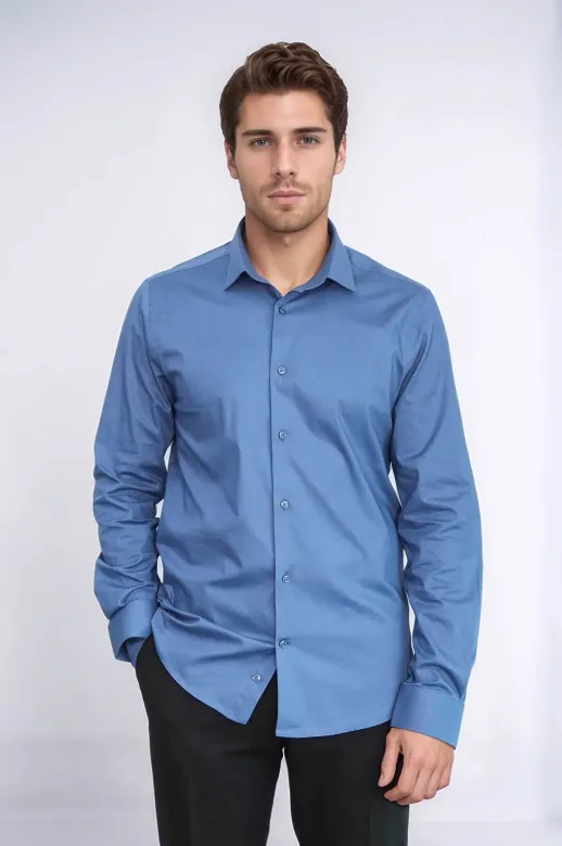 Slim Fit Uzun Kollu Lacivert Erkek Gömlek - Wessi - XXL / Mavi