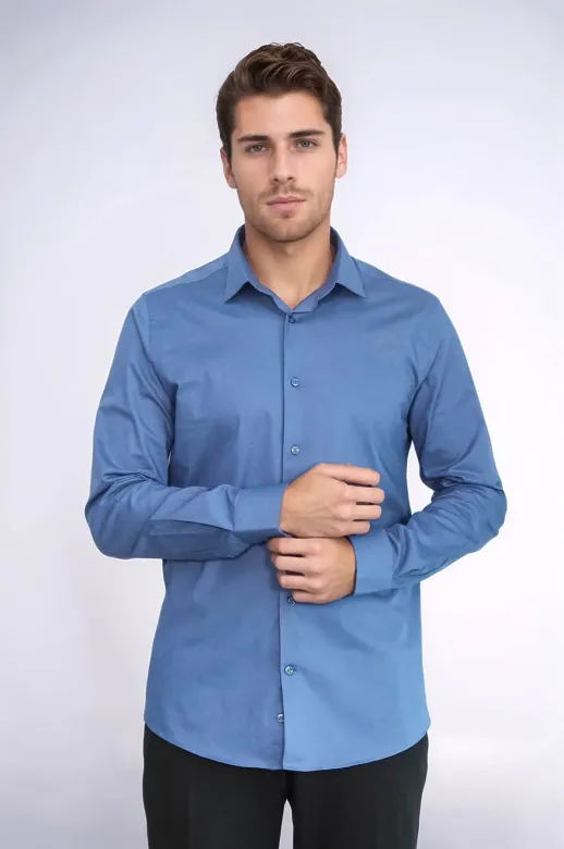 Slim Fit Uzun Kollu Lacivert Erkek Gömlek - Wessi - XXL / Mavi