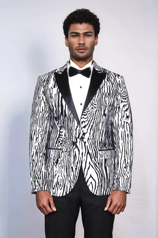 Slim Fit Zebra Desen Beyaz Erkek Smokin Ceket - Wessi