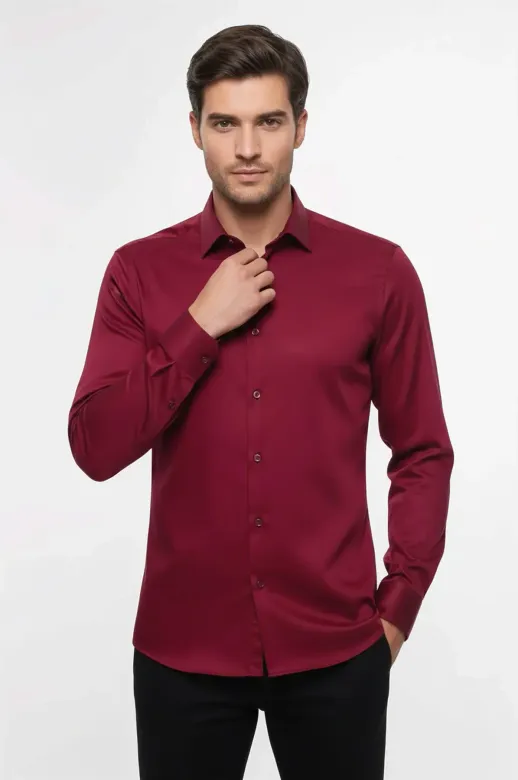 Slimfit Uzun Kollu Bordo Erkek Gömlek - Wessi - S / Bordo