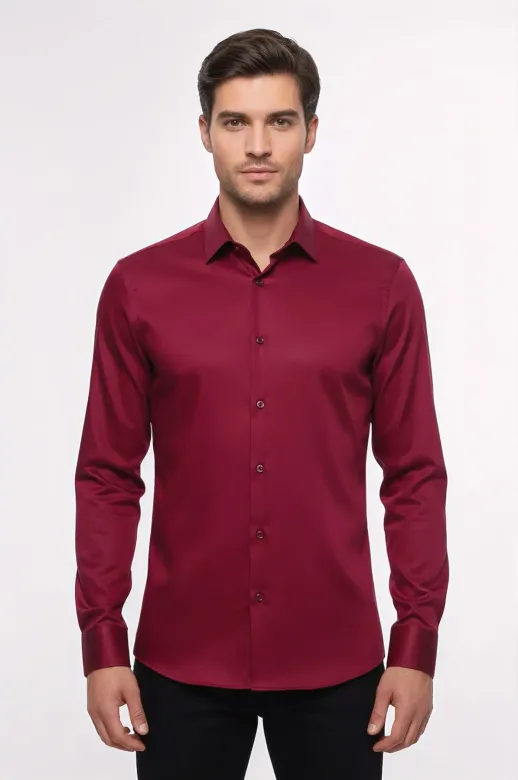 Slimfit Uzun Kollu Bordo Erkek Gömlek - Wessi - S / Bordo