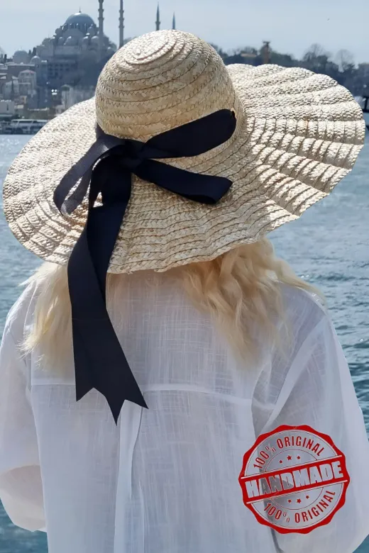SLM-002 Kadın Galata Breeze Model Maxi Boy Kurdeleli Hasır Şapka Geniş Kenarlı Trend Günlük Ve Plaj Şapka