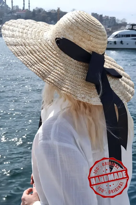 SLM-002 Kadın Galata Breeze Model Maxi Boy Kurdeleli Hasır Şapka Geniş Kenarlı Trend Günlük Ve Plaj Şapka