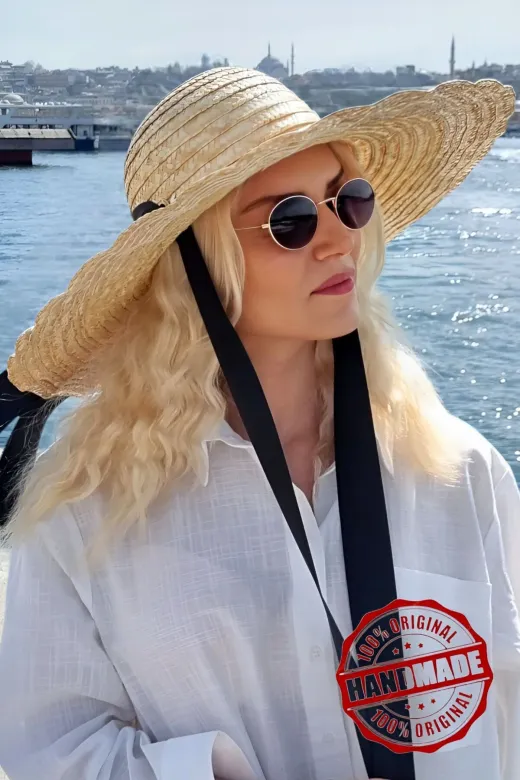 SLM-002 Kadın Galata Breeze Model Maxi Boy Kurdeleli Hasır Şapka Geniş Kenarlı Trend Günlük Ve Plaj Şapka