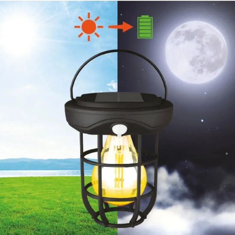 Solar Kamp Feneri – Güneş Enerjili, Otomatik Şarj ve Gece Işığı, Taşınabilir ve Asılabilir LED Dış Mekan Lamba (4745)