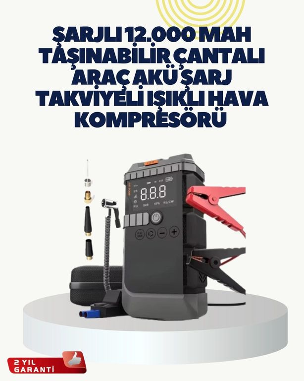 Solmazlar Online 125225518 Mey İthalat Taşınabilir Akü Takviye Cihazı Işıklı Hava Kompresörü Powerbank