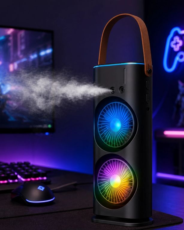 Solmazlar Online 125891608 Mey İthalat Rgb Işıklı Spreyli Masa Fanı Çift Motorlu Güçlü Üflemeli Taşınabilir Fan Çok Renkli