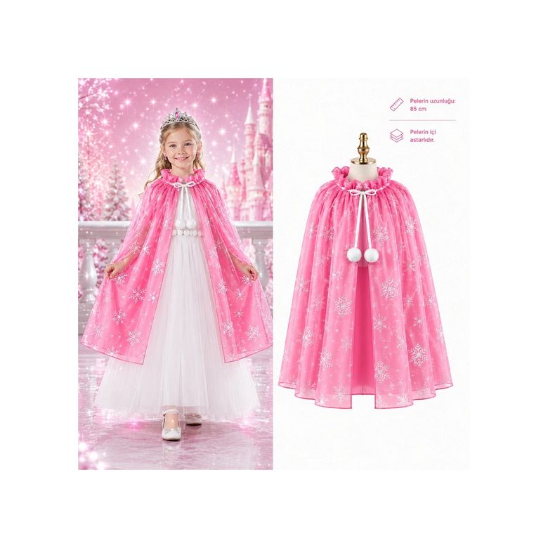 Solmazlar Online 126377999 Mey İthalat Kar Tanesi Desenli Pembe Elsa Pelerini - Astarlı Frozen Pelerini 85 Cm