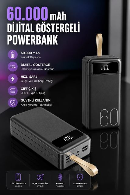 Solmazlar Online MEYTDUCZ60000POWERBANK1-1-BLMY Mey İthalat Powerbank 60.000 Mah Hızlı Şarj 4 Çıkışlı Uzun Şarj Süreli Dijital Göstergeli Çok Renkli