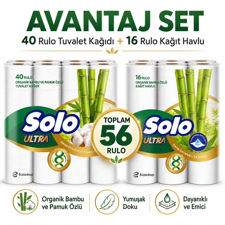 Solo Avantaj Set 40 Rulo Tuvalet Kağıdı + Ultra Kağıt Havlu 16 Lı Rulo Organik Bambu ve Pamuk Özlü