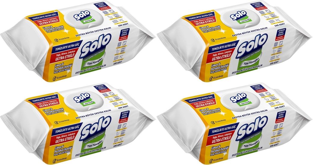 Solo Yüzey Temizlik Havlusu - Mendili 100 Yaprak Limon & Portakal Tazeliği (4 Lü Set) 400 Yaprak