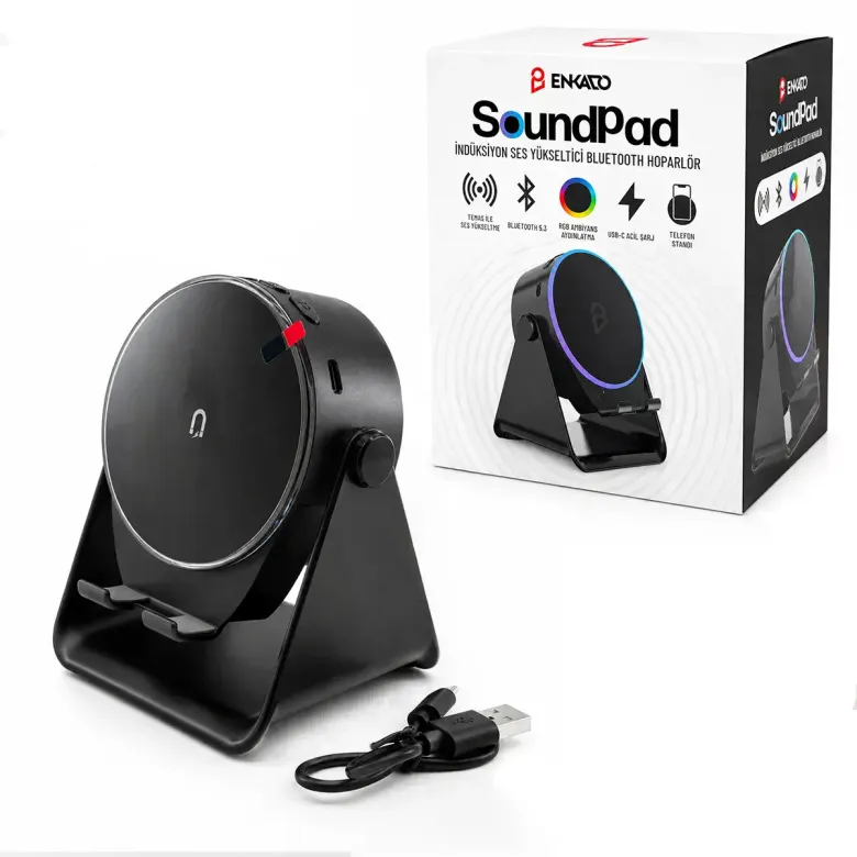 SOUNDPAD 5IN1 - 5W - 2000mAh TEMAS İLE SES YÜKSELTME - TELEFON STAND - USB-C ŞARJ SİYAH İNDİKSİYON S