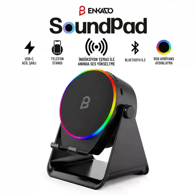 SOUNDPAD 5IN1 - 5W - 2000mAh TEMAS İLE SES YÜKSELTME - TELEFON STAND - USB-C ŞARJ SİYAH İNDİKSİYON S