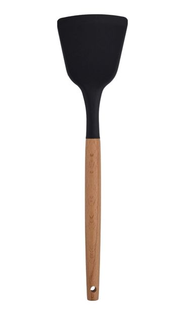 ST 57855210126222680184975 Ahşap Saplı Silikon Mutfak Servis Ve Hazırlama Açılı Spatula, Siyah, 1 Adet 0