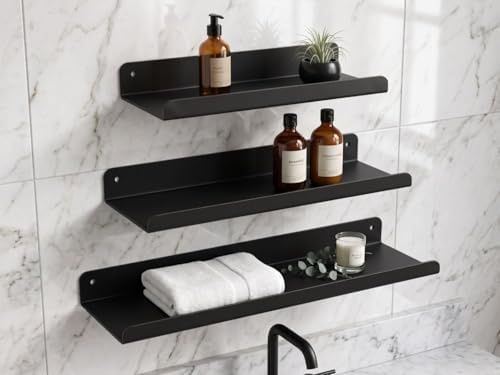 Standart Estetiki 57855210125322080184975 3 Lü Metal Duvar Rafı Yapışkanlı Raf Seti Banyo Rafı Mutfak Rafı Dekoratif Duvar Rafı Siyah Minimal Raf Organizer Seti 30-35-40 Cm 50 X 22